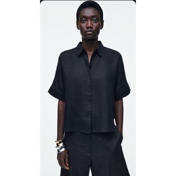 COS Black Collared Short Sleeve Checkered Seersucker Top Womens 100% linen boxy - Picture 1 of 14